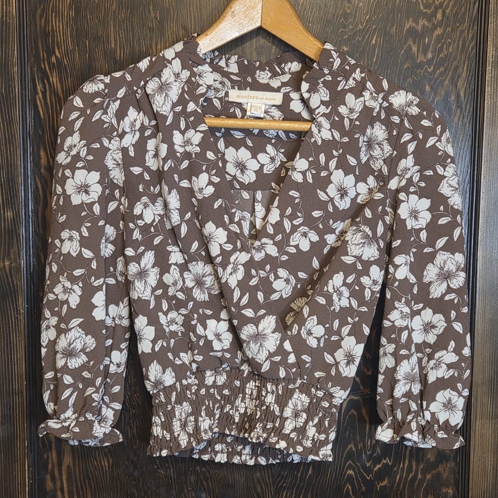 Monteau Los Angeles Brown & White Floral Blouse with Puff Sleeves